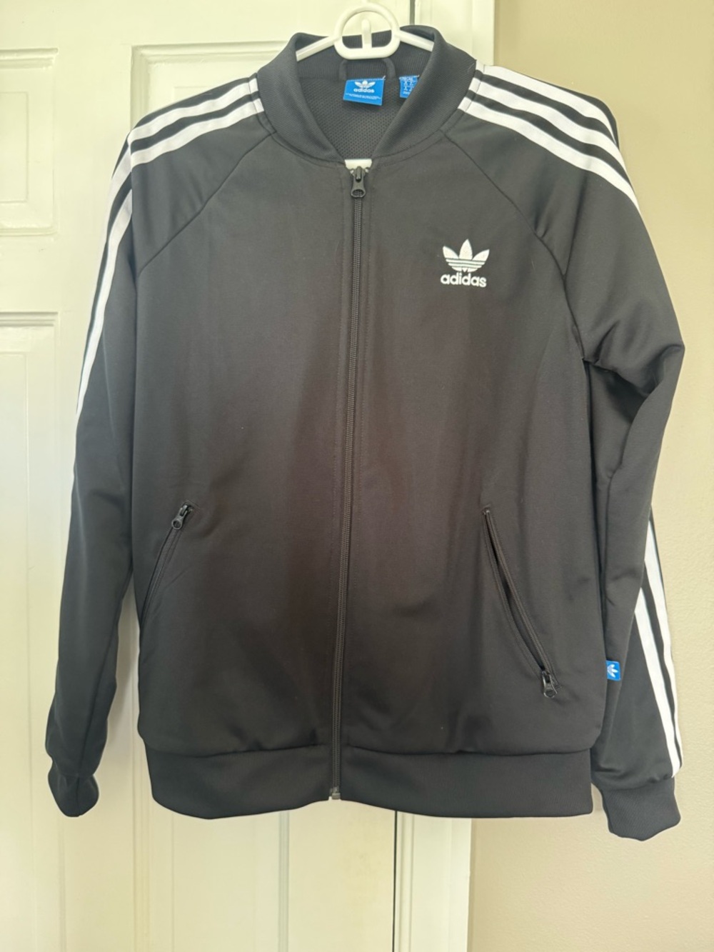 Adidas Black Track Jacket with White Stripes, women’s medium